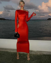 Red Hollow Out Stretchy Bandage Sexy Midi Dress Club Party Long Sleeve Bodycon Dress Women Event Nightwear Outfits